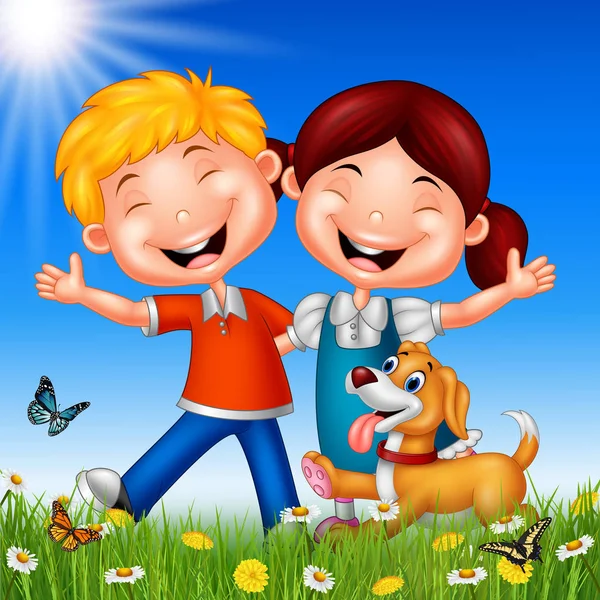Dessin animé enfants heureux sur fond d'été — Image vectorielle
