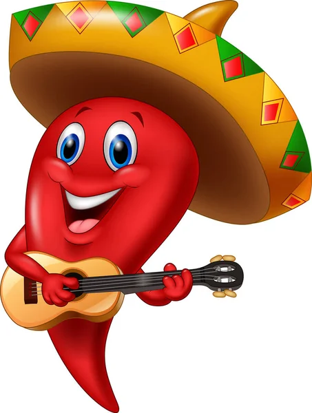 Chili pepper mariachi wearing sombrero playing a guitar — Stock Vector