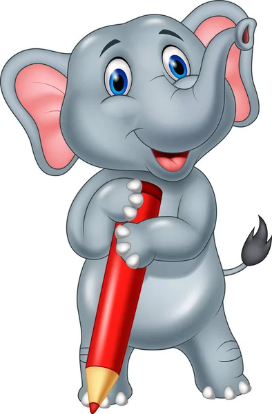 Κινούμενα σχέδια ελέφαντα που κατέχουν κόκκινο μολύβι — Διανυσματικό Αρχείο