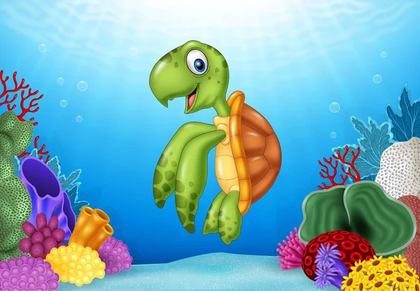 Cartoon turtle with beautiful underwater world — Stock Vector