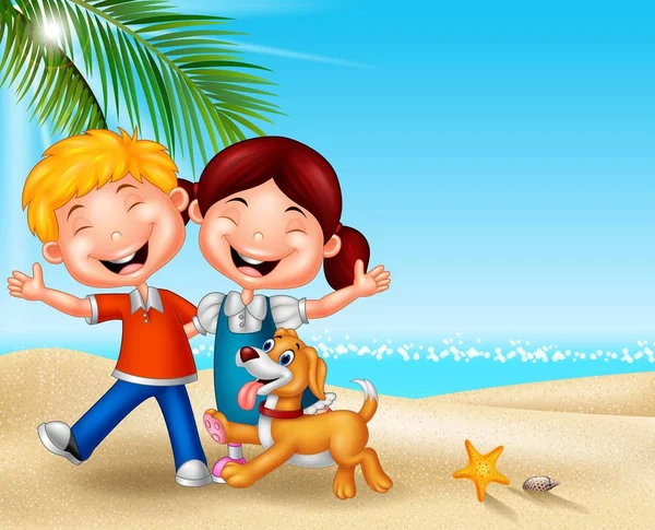 Desenhos animados crianças felizes na praia — Vetor de Stock