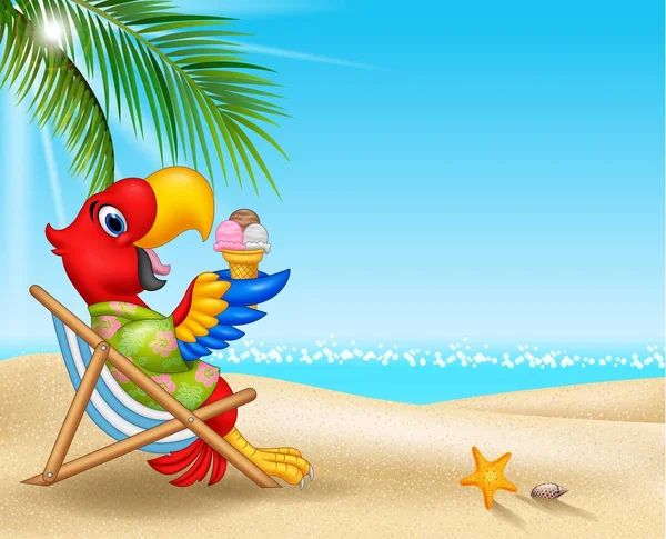 Cartoon macaw sedí na plážovém křesle a jí zmrzlinu — Stockový vektor