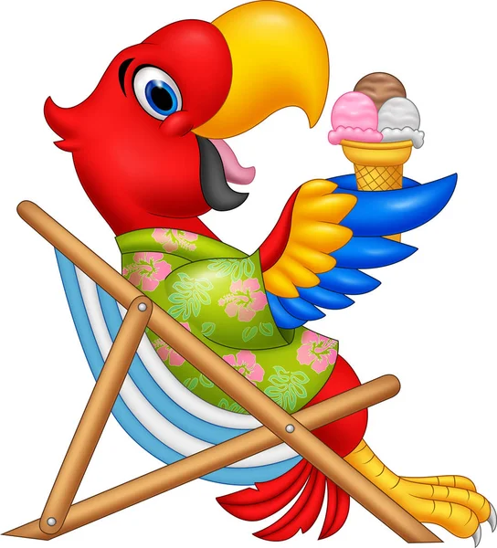 Guacamayo de dibujos animados sentado en la silla de playa y comiendo un helado — Vector de stock