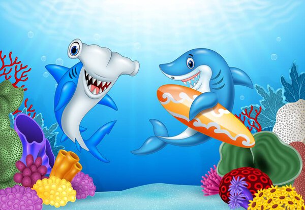 Cartoon sharks with tropical underwater background