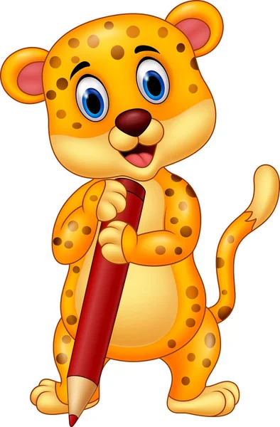 Cartoon leopard holding red pencil — Stock Vector