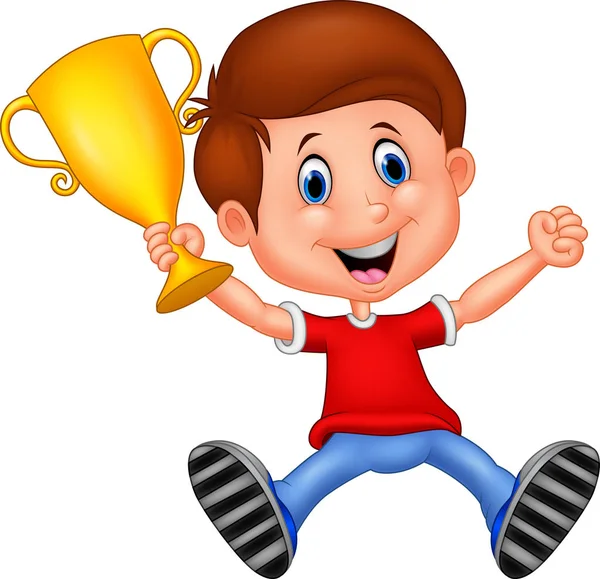 Мультяшний хлопчик виграв золотий трофей — стоковий вектор