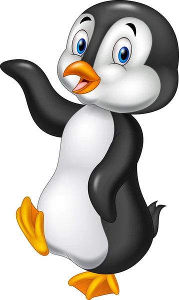 Pingüino de dibujos animados ondeando aislado sobre fondo blanco — Vector de stock