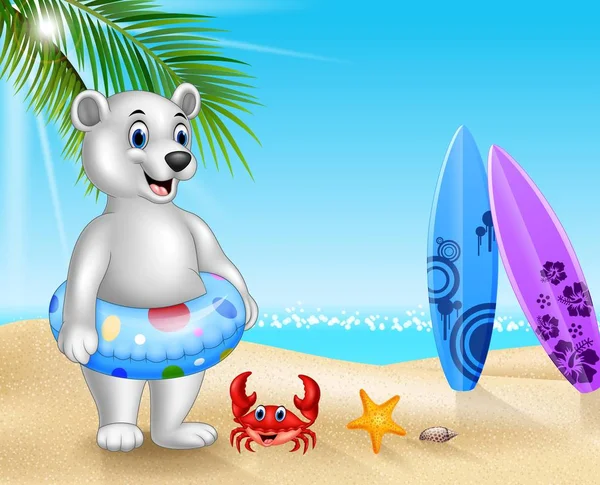 Cartoon ijsbeer met opblaasbare ring in het tropische strand — Stockvector