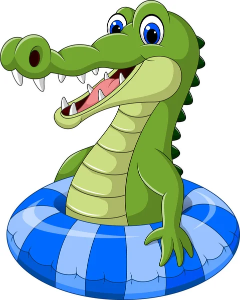 Crocodilo de desenhos animados com anel inflável — Vetor de Stock