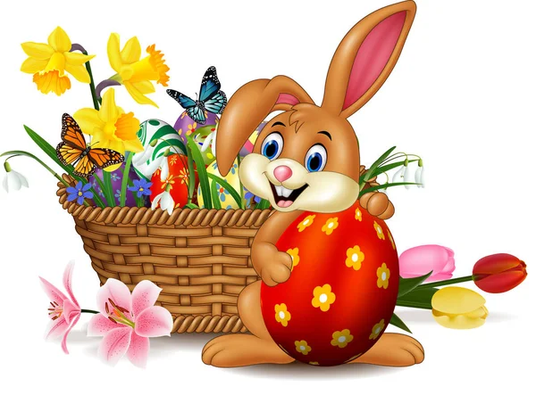 Conejito de dibujos animados sosteniendo huevo de Pascua — Vector de stock