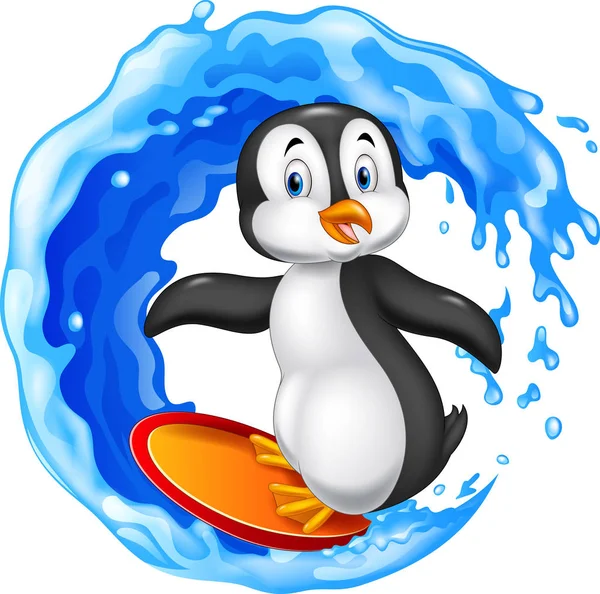 Penguin surfing kreskówka — Wektor stockowy