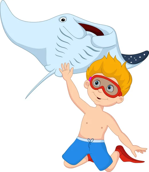 动漫与黄貂鱼潜水的小男孩 — 图库矢量图片