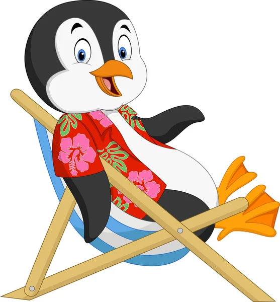 Cartoon penguin sitting on beach chair — Stock Vector