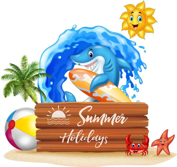 Summer background with surfing shark and wooden sign — Stock Vector