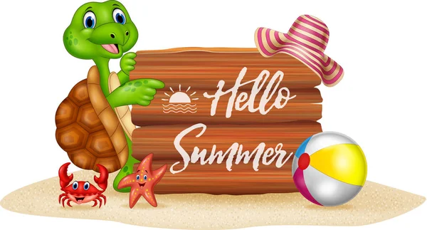Vacanze estive con tartaruga dei cartoni animati e segno di legno — Vettoriale Stock