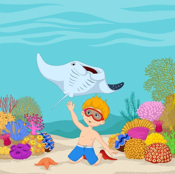 Cartoon little boy diving in underwater tropical sea — Stock Vector