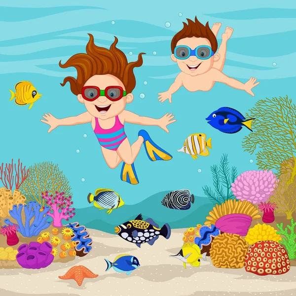 Kreslené děti potápějící se pod tropickým oceánem — Stockový vektor