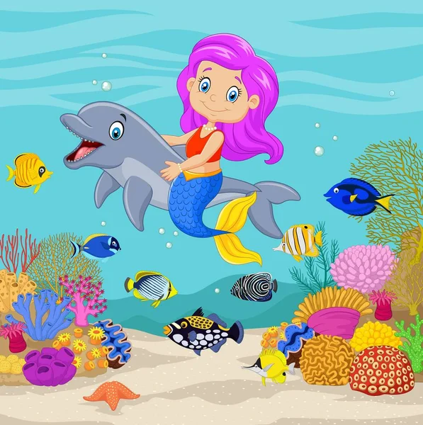 Roztomilá mořská panna s delfínem v podmořském pozadí — Stockový vektor