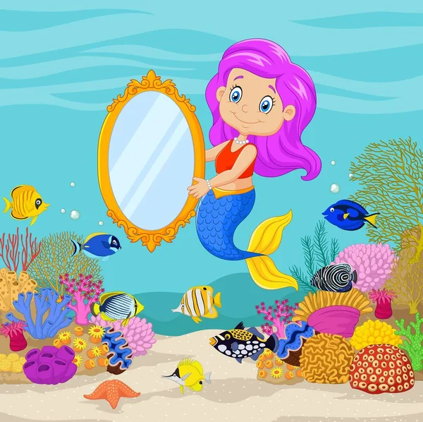 Schattige zeemeermin houden van een klassieke spiegel in onderwater achtergrond — Stockvector