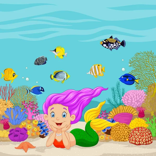 Cartoon mermaid in the underwater background — Stock Vector