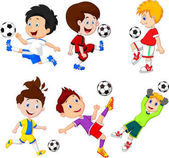 Karikatura malého chlapce hrát fotbal