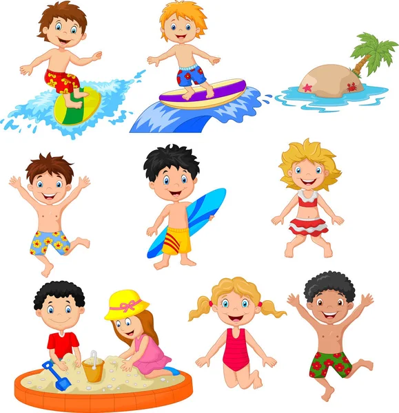 Lindos niños pequeños jugando en la playa — Vector de stock