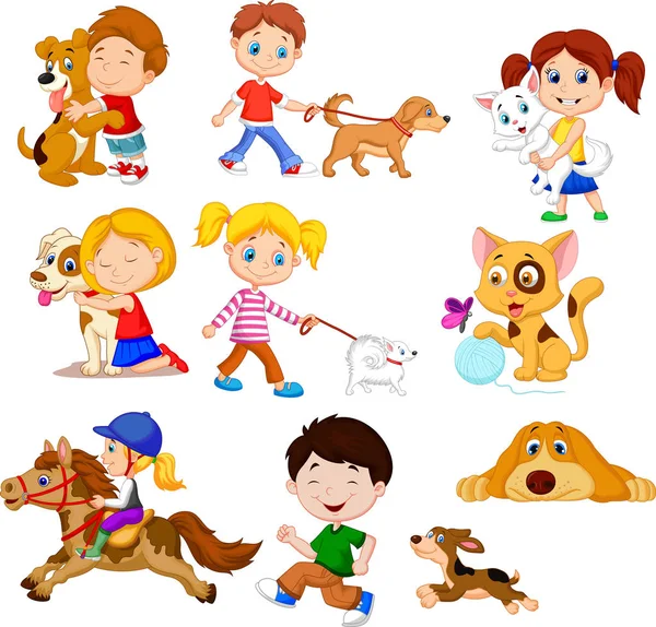 Cartoon little kids with their pets — Stock Vector