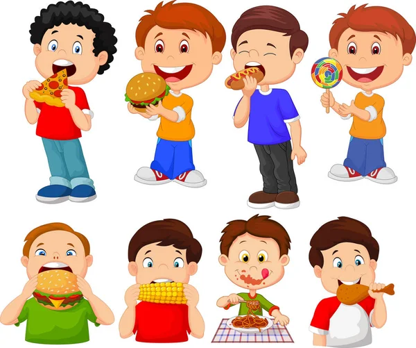 Collection of cartoon little boy eating fast food — Stock Vector