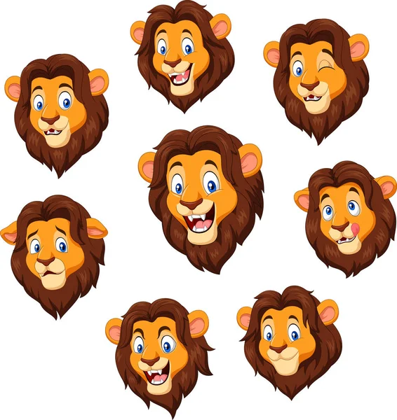 Cabeza de león de dibujos animados con varias expresiones — Vector de stock