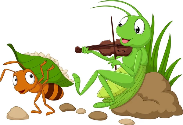 Cartoon the ant and the grasshopper — Stock Vector