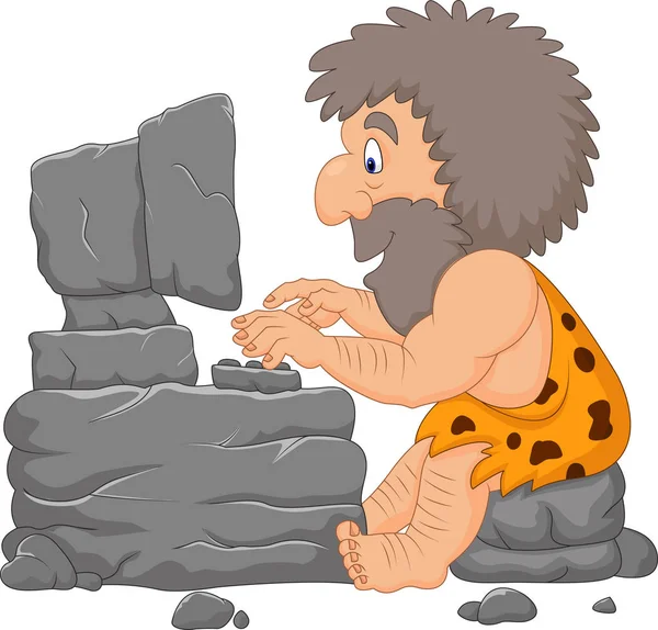 Мультфильм пещерный человек с помощью каменного компьютера — стоковый вектор