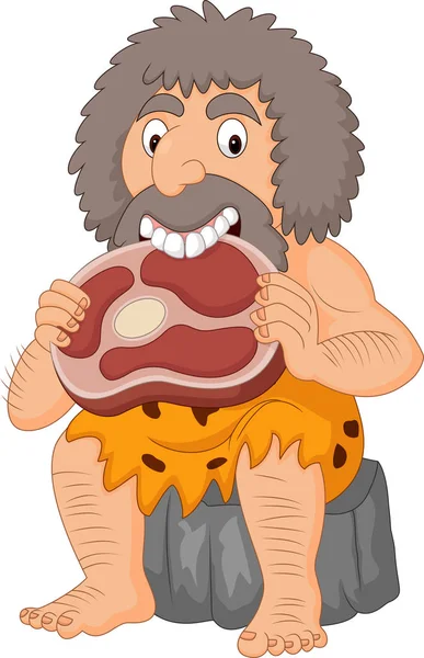 Cartoon caveman eating meat — Stock Vector