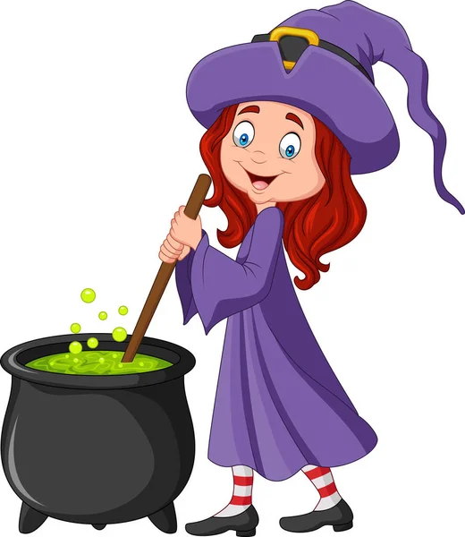 Cartoon little witch preparing potion — Stock Vector