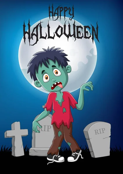 Dibujos animados zombie con fondo de Halloween — Vector de stock