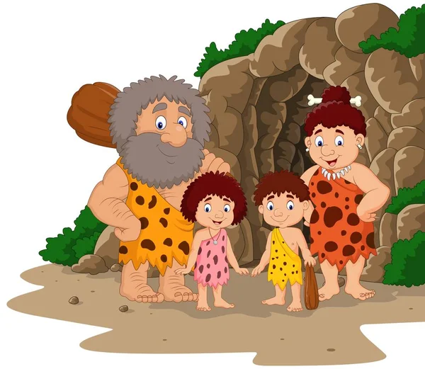 Dessin animé famille homme des cavernes avec fond de grotte — Image vectorielle