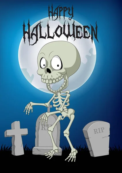 Halloween-Hintergrund mit Skelettwanderung auf dem Friedhof — Stockvektor