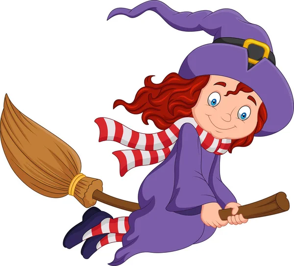 Cartoon young witch flying with a broom — Stock Vector