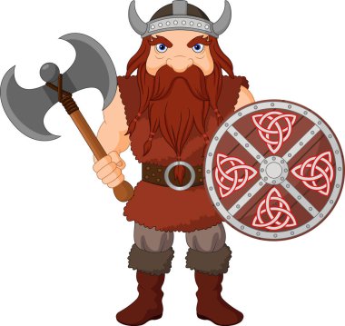 Çizgi film Viking baltası ve ahşap kalkan