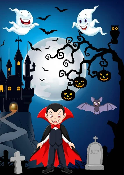 Vampiro dei cartoni animati con sfondo Halloween — Vettoriale Stock