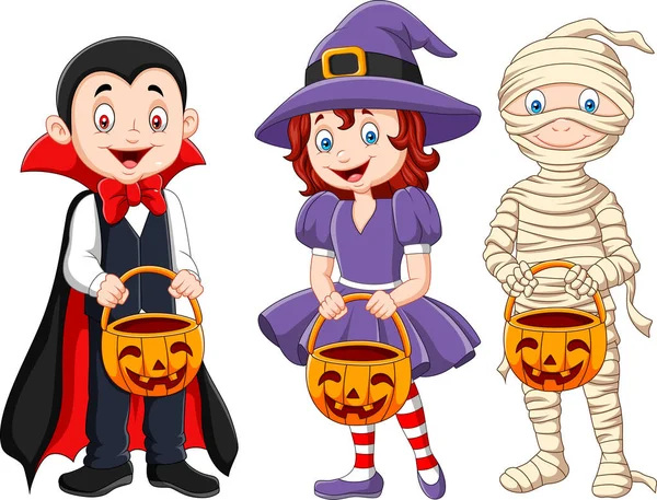 Niños de dibujos animados con disfraz de Halloween celebración cesta de calabaza — Vector de stock