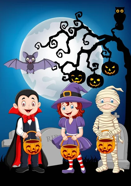 Niños de dibujos animados con disfraz de Halloween celebración cesta de calabaza — Vector de stock