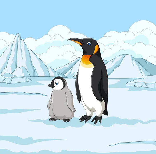 Madre de dibujos animados y pingüino bebé en el campo cubierto de nieve — Vector de stock