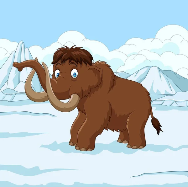 Cartoon Woolly Mammoth caminando a través de un campo cubierto de nieve — Vector de stock