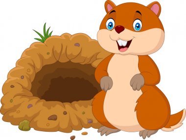 Cartoon groundhog in front of its hole clipart