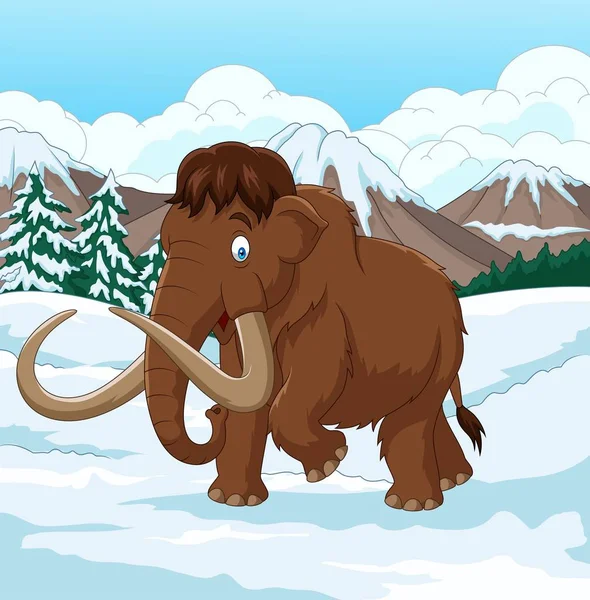 Çizgi film yünlü Mammoth karlı bir alanda yürüyüş