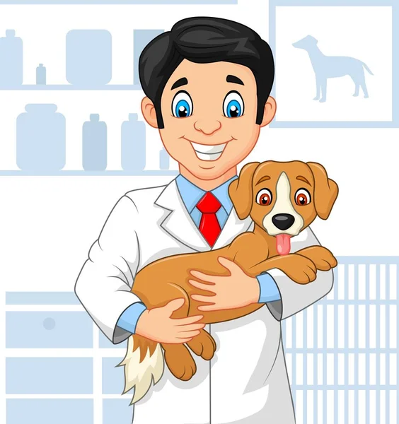 Médico veterinario de dibujos animados examinando a un cachorro — Vector de stock