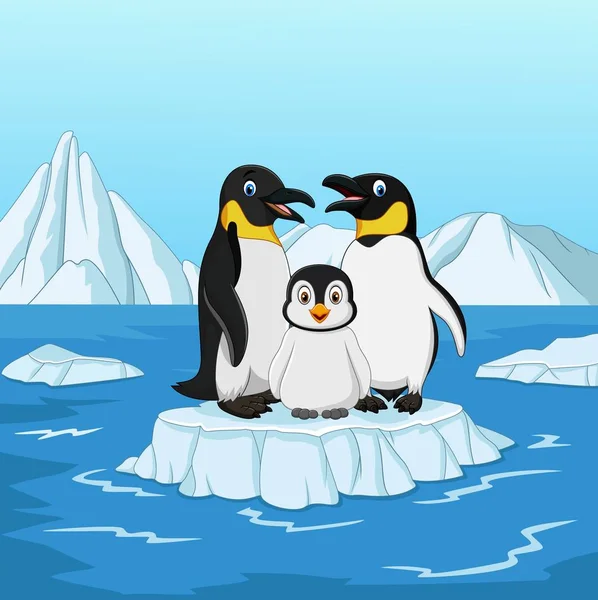 Мультфильм о счастливой семье пингвинов, стоящих на льдине — стоковый вектор