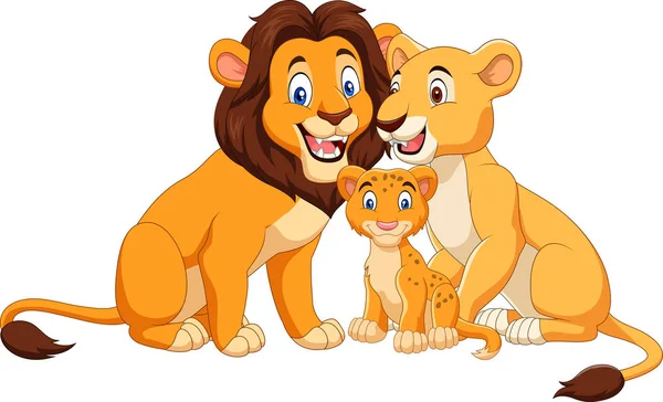 Familia de leones de dibujos animados aislados sobre fondo blanco — Vector de stock