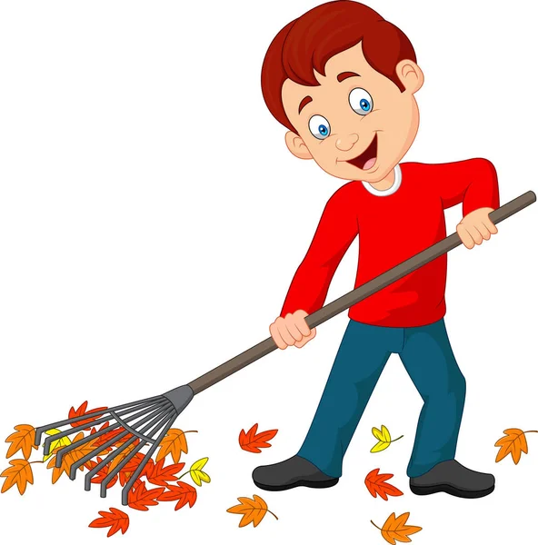 Счастливый мальчик сгребает листья — стоковый вектор