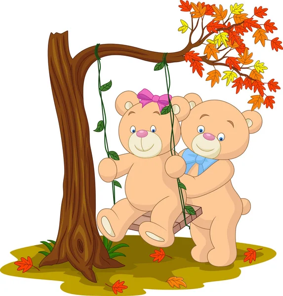 秋の木の下でブランコに座っている愛の熊カップル — ストックベクタ